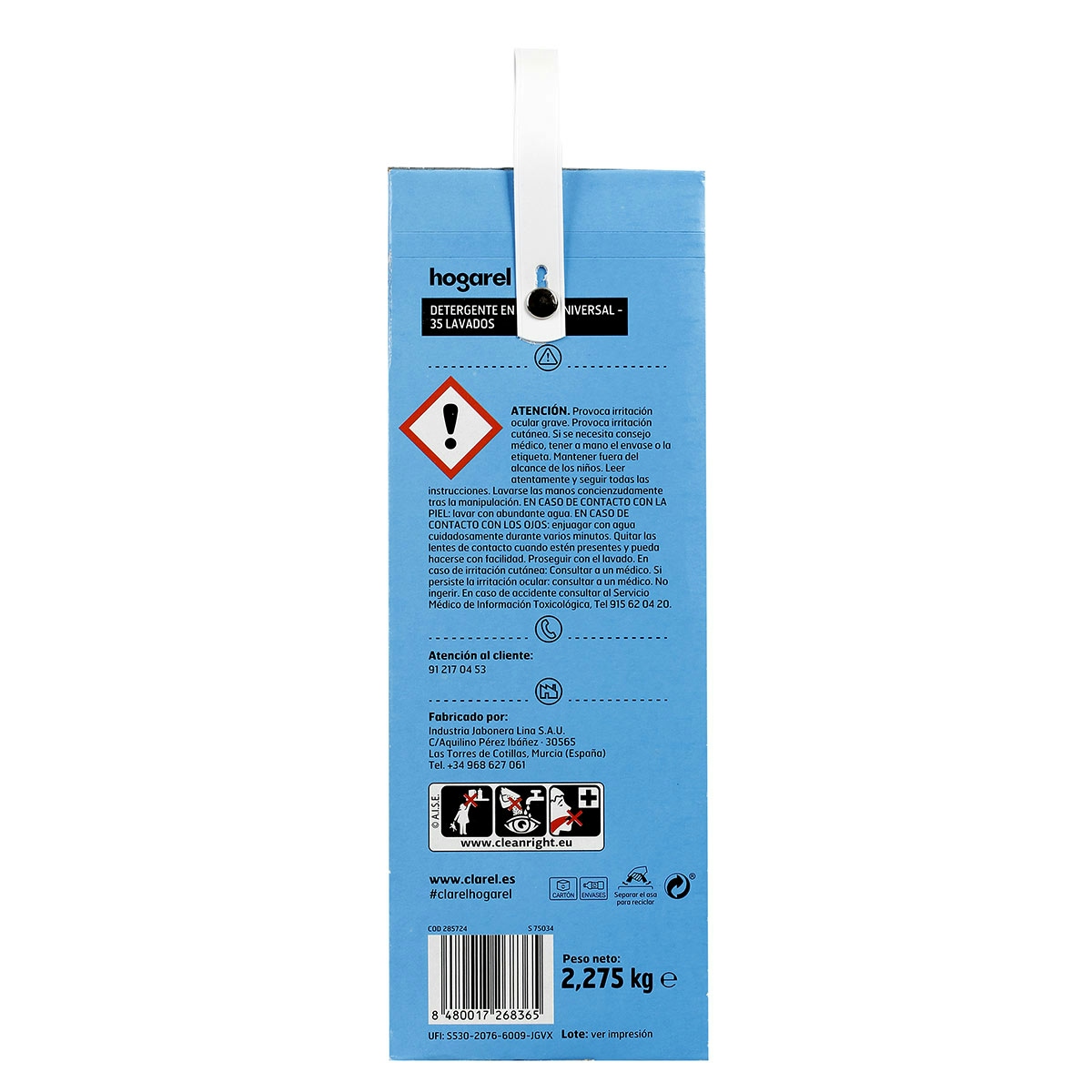 Detergente Polvo Universal Hogarel 35 Cacitos. 2,275 Kg