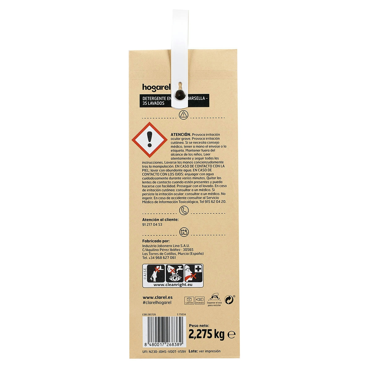 Detergente Polvo Jabón de Marsella Hogarel 35 Cacitos. 2,275 Kg