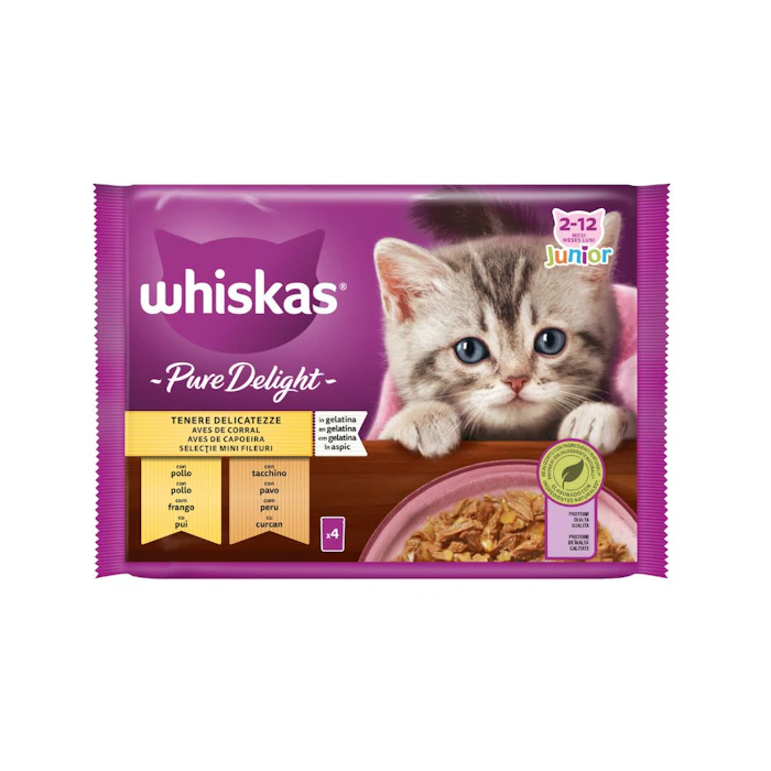 Comida Húmeda Gatos Junior Pure Delight Selección Aves Gelatina Whiskas Pack 4X85G