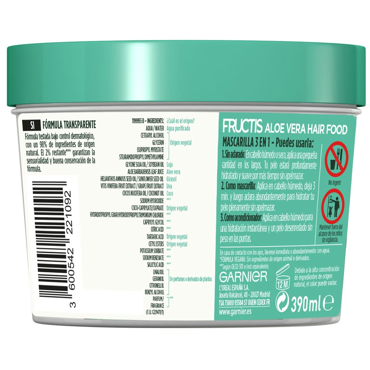 Mascarilla capilar 3 en 1 hidratante con aloe vera FRUCTIS Hair Food 390 ml