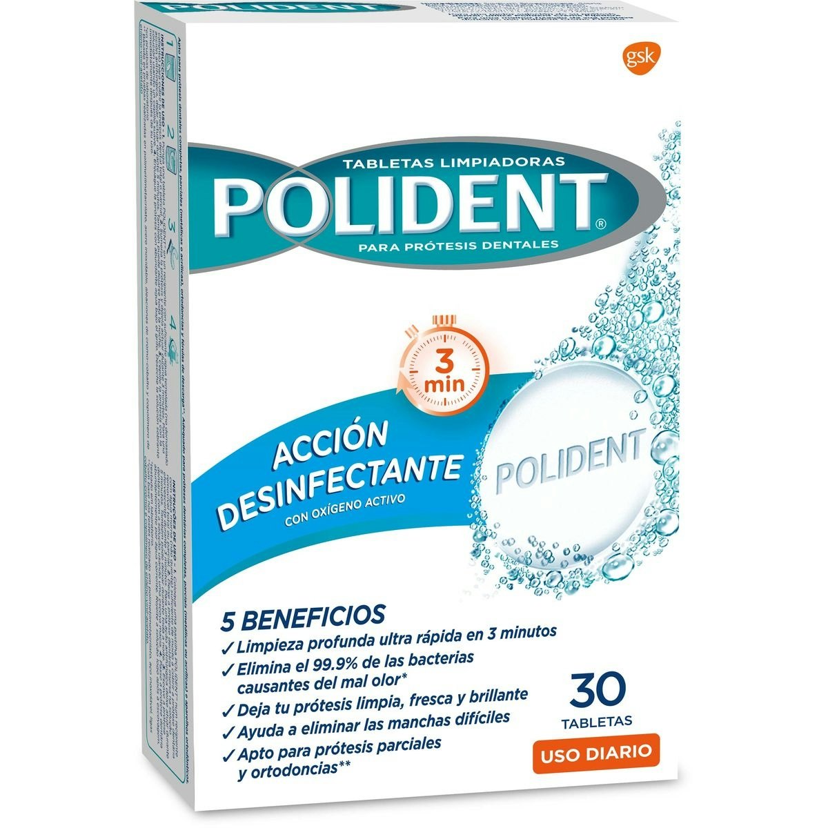 Tabletas limpiadoras POLIDENT para prótesis dental caja 30 uds