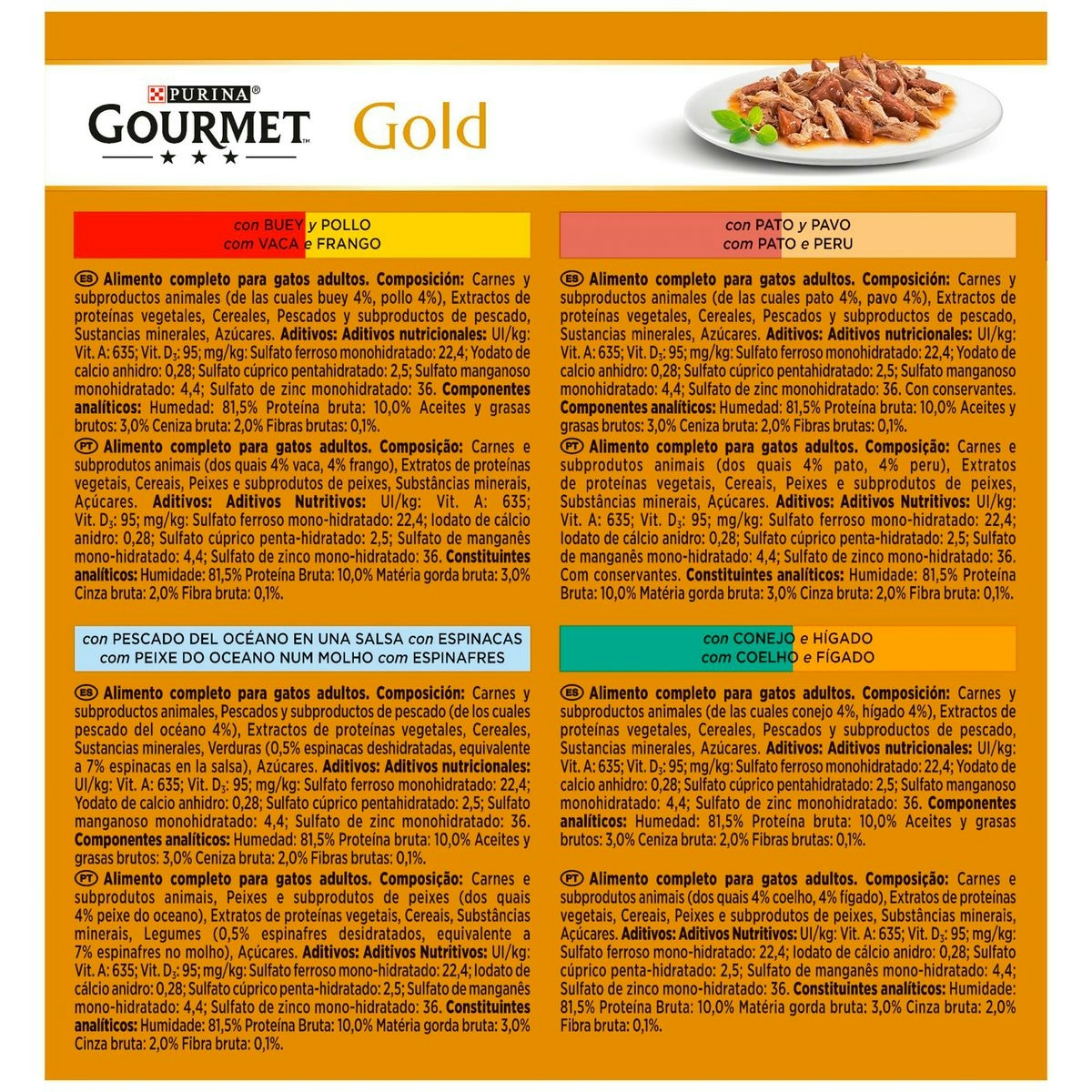 Alimento buey/pollo GOURMET Gold doble placer gatos lata 8x85 gr