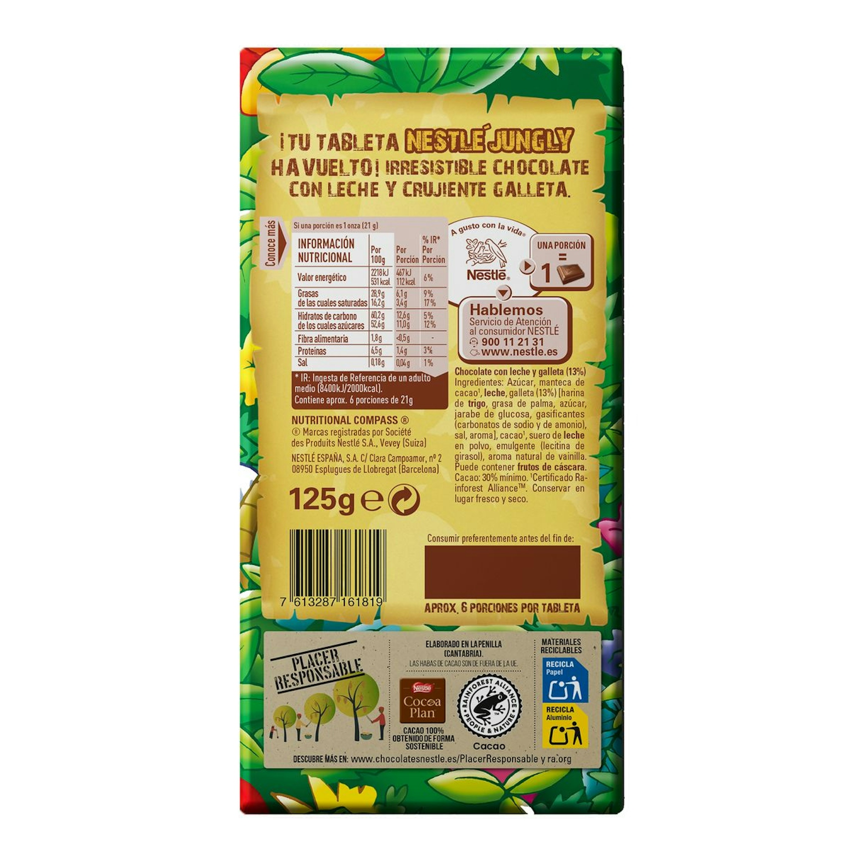 Chocolate Galleta Jungly Nestlé Tableta 125 Gr