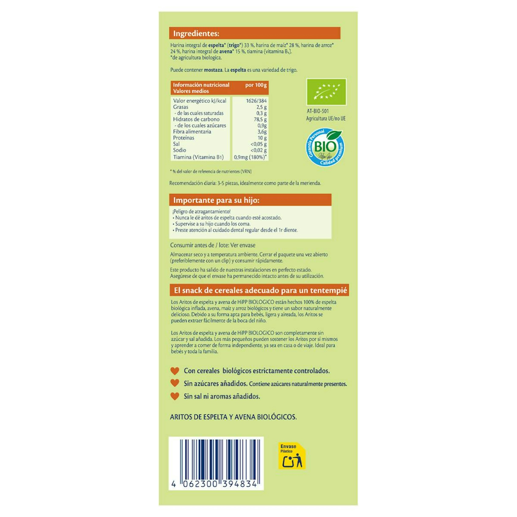 Snack Aritos De Espelta Y Avena Hipp Bio 30 Gr