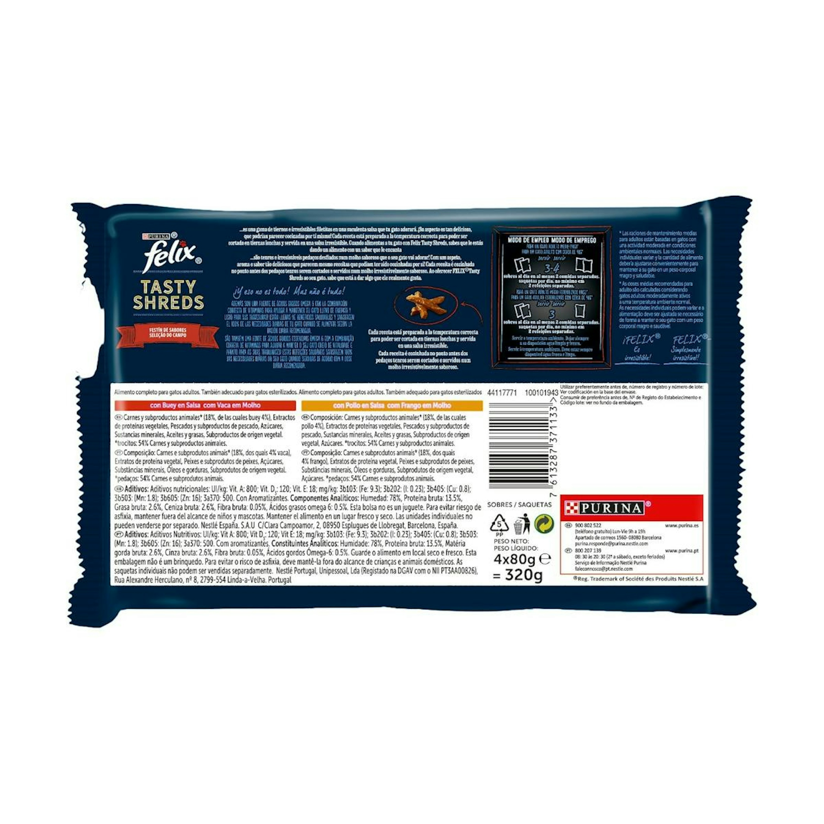 Comida Húmeda Gatos Tasty Shreds Carne En Salsa Felix Pack 4x80Gr