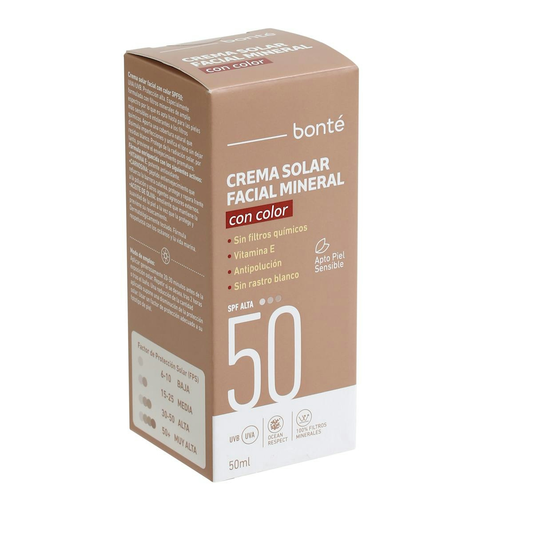 Crema Solar Facial Mineral Con Color SPF 50 Bonté 50Ml
