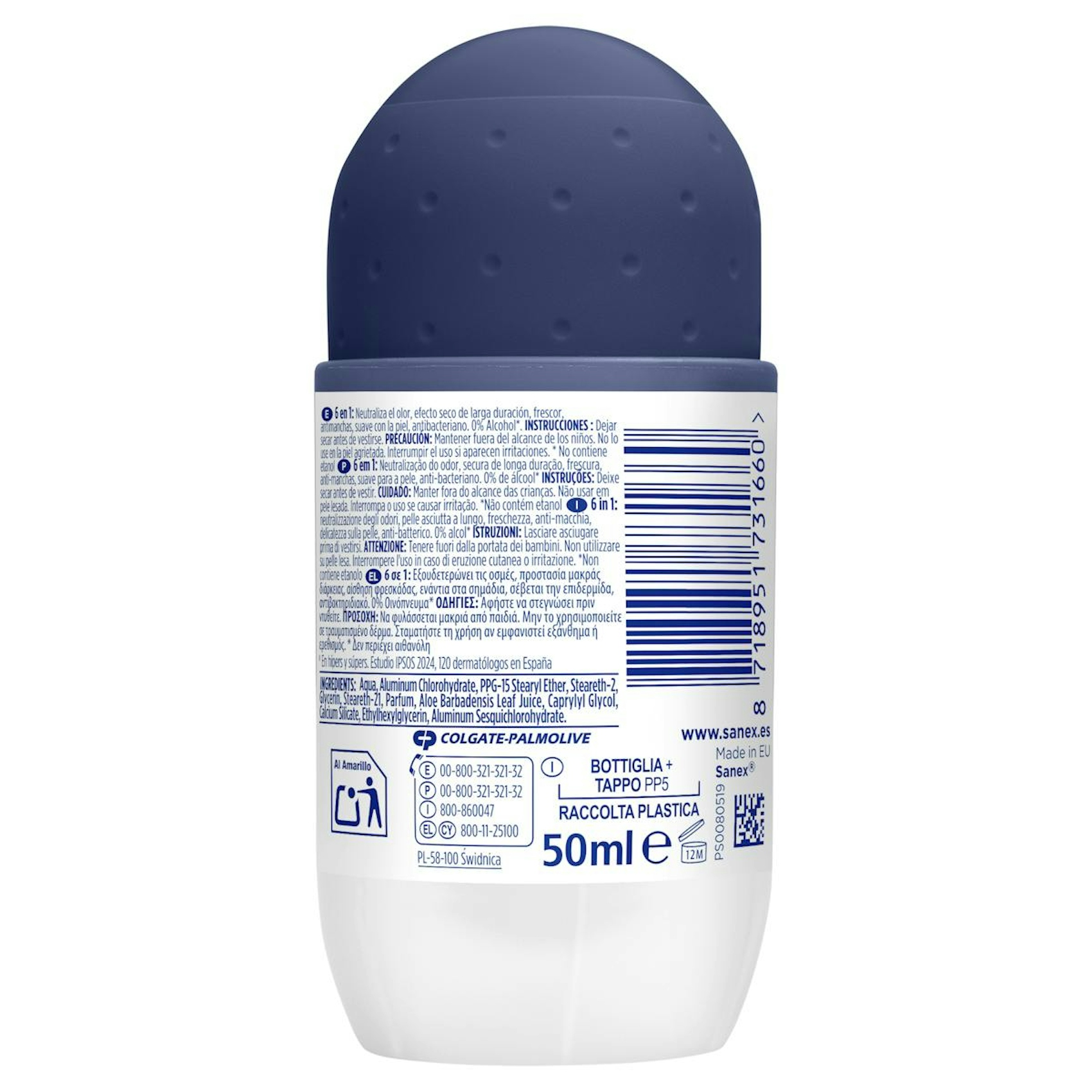 Desodorante Roll-On Active Control 6 En 1 72H Sanex Men 50Ml