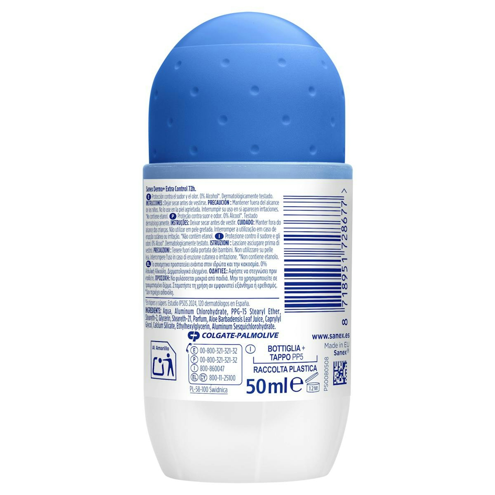 Desodorante Roll-On Dermo+ Extra Control 72H Sanex 50Ml