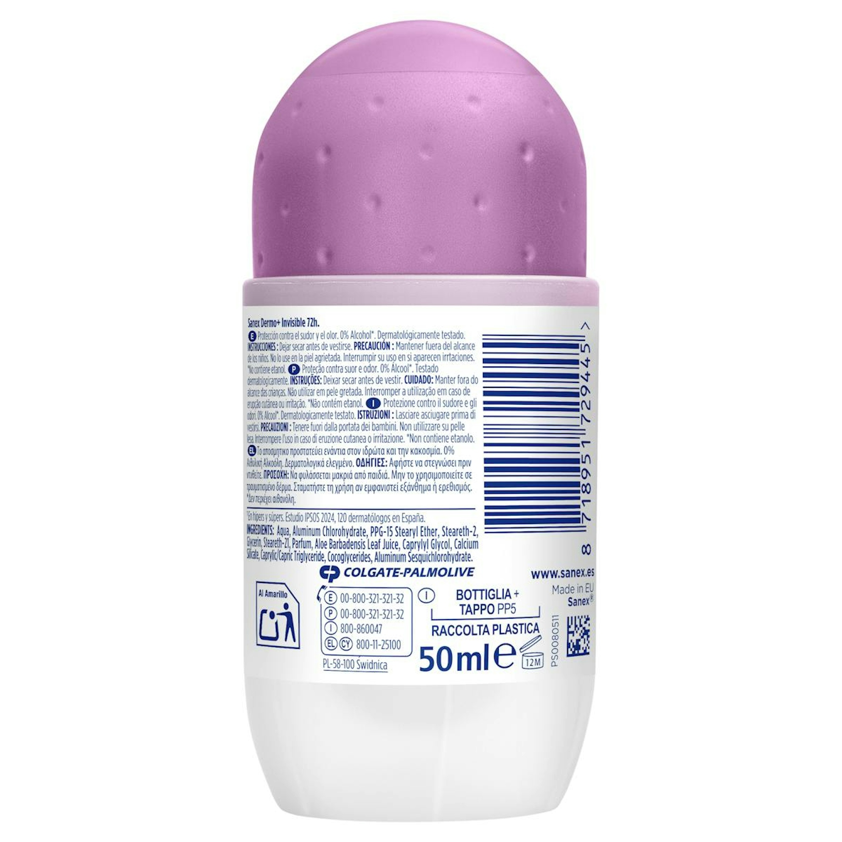 Desodorante Roll-On Dermo+ Invisible 72H Sanex 50Ml