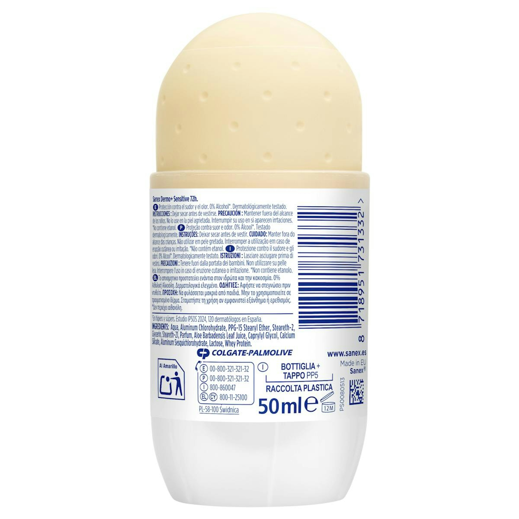 Desodorante Roll-On Dermo+ Sensitive 72H Sanex 50Ml