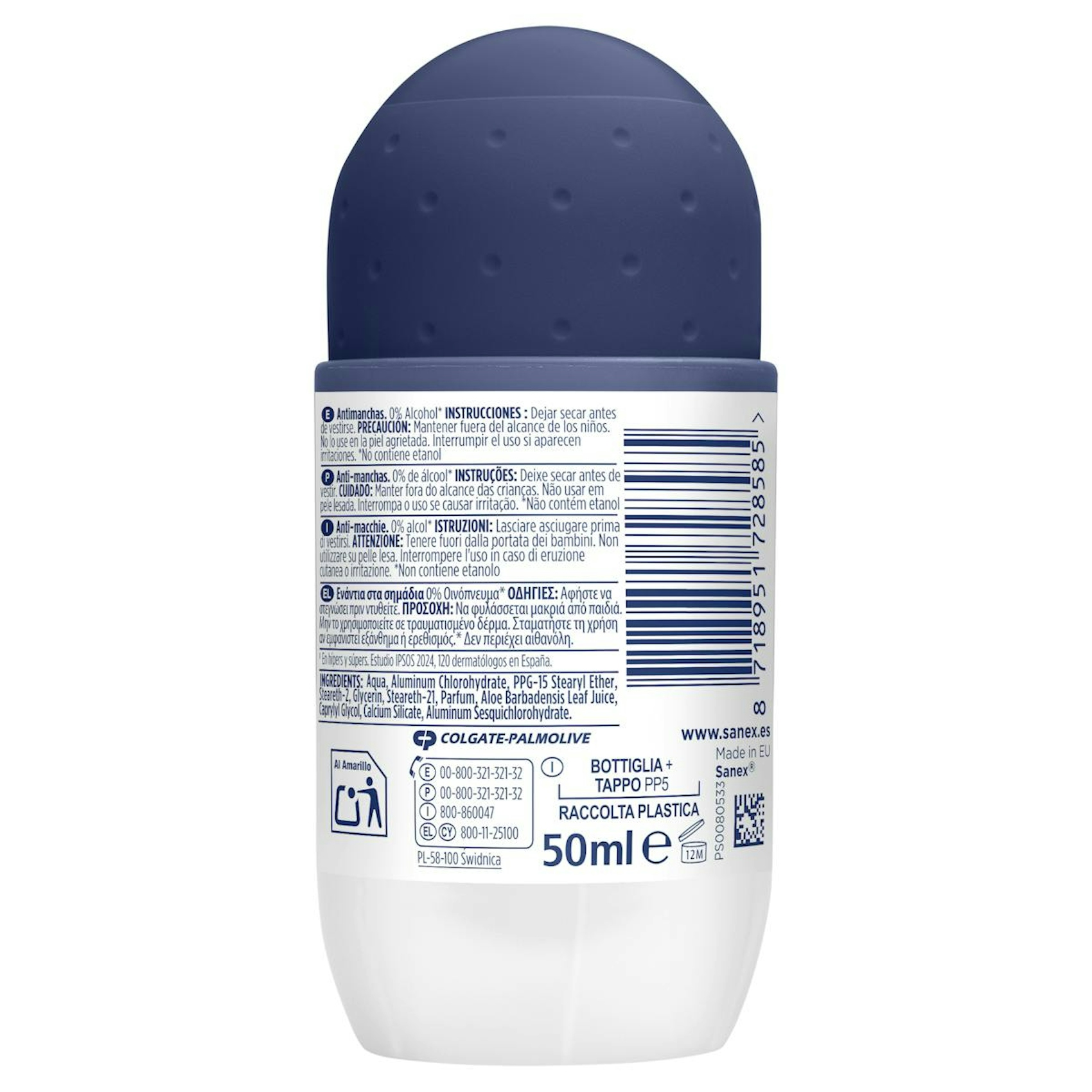Desodorante Roll-On Invisible Antimanchas 72H Sanex Men 50Ml