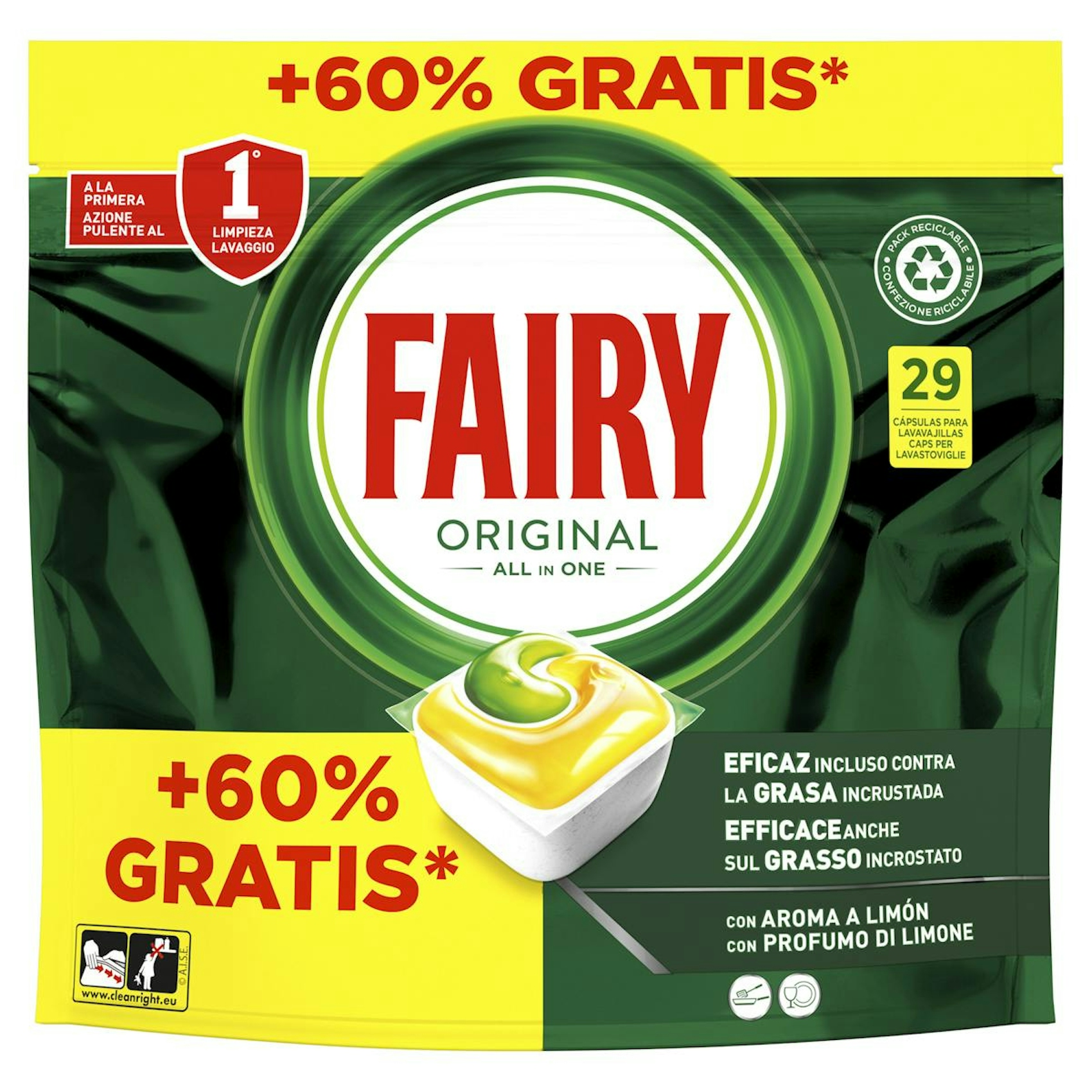 Detergente Lavavajillas Todo En Uno Limón Fairy Original 29 Cápsulas