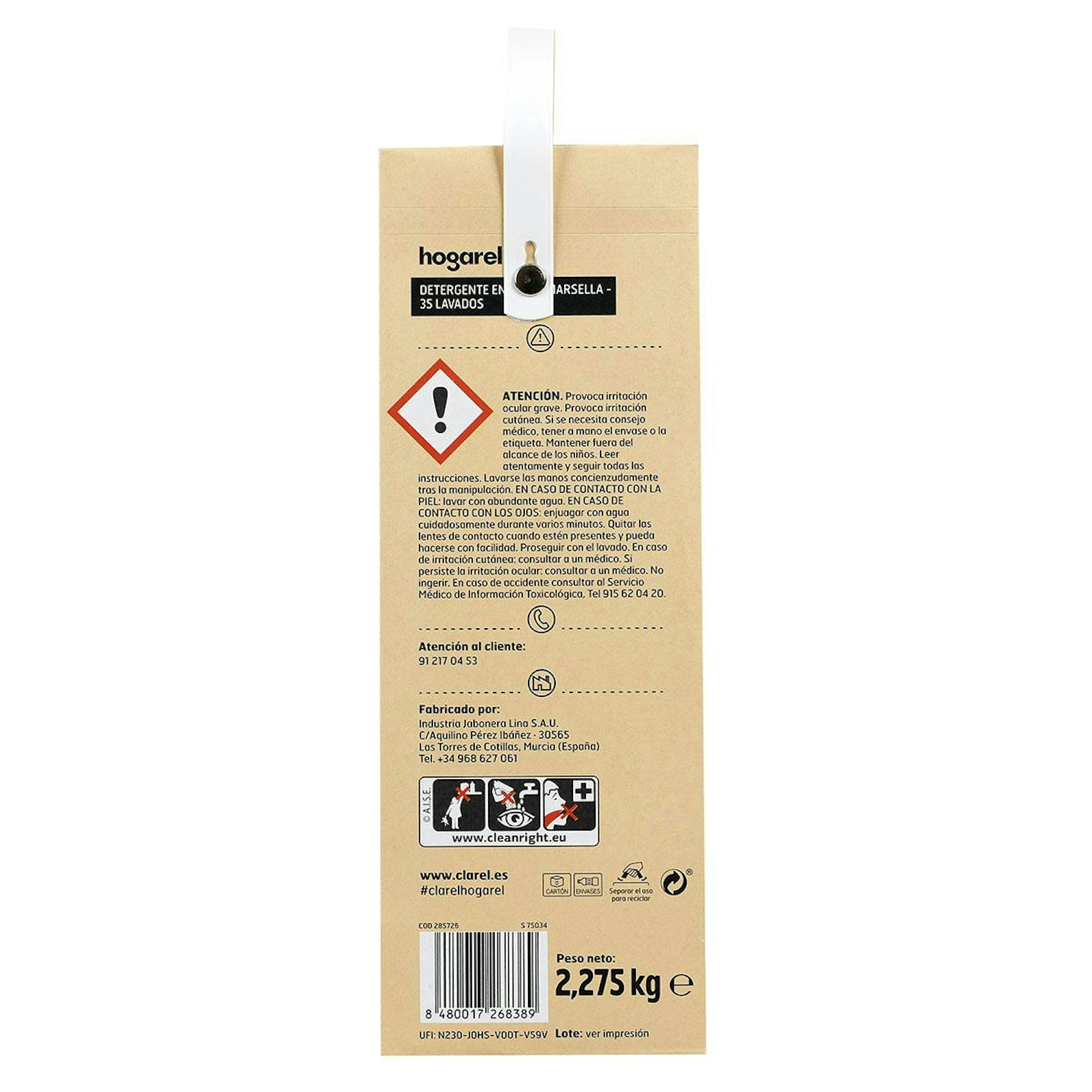 Detergente Polvo Jabón De Marsella Hogarel 35 Cacitos 2.275Kg
