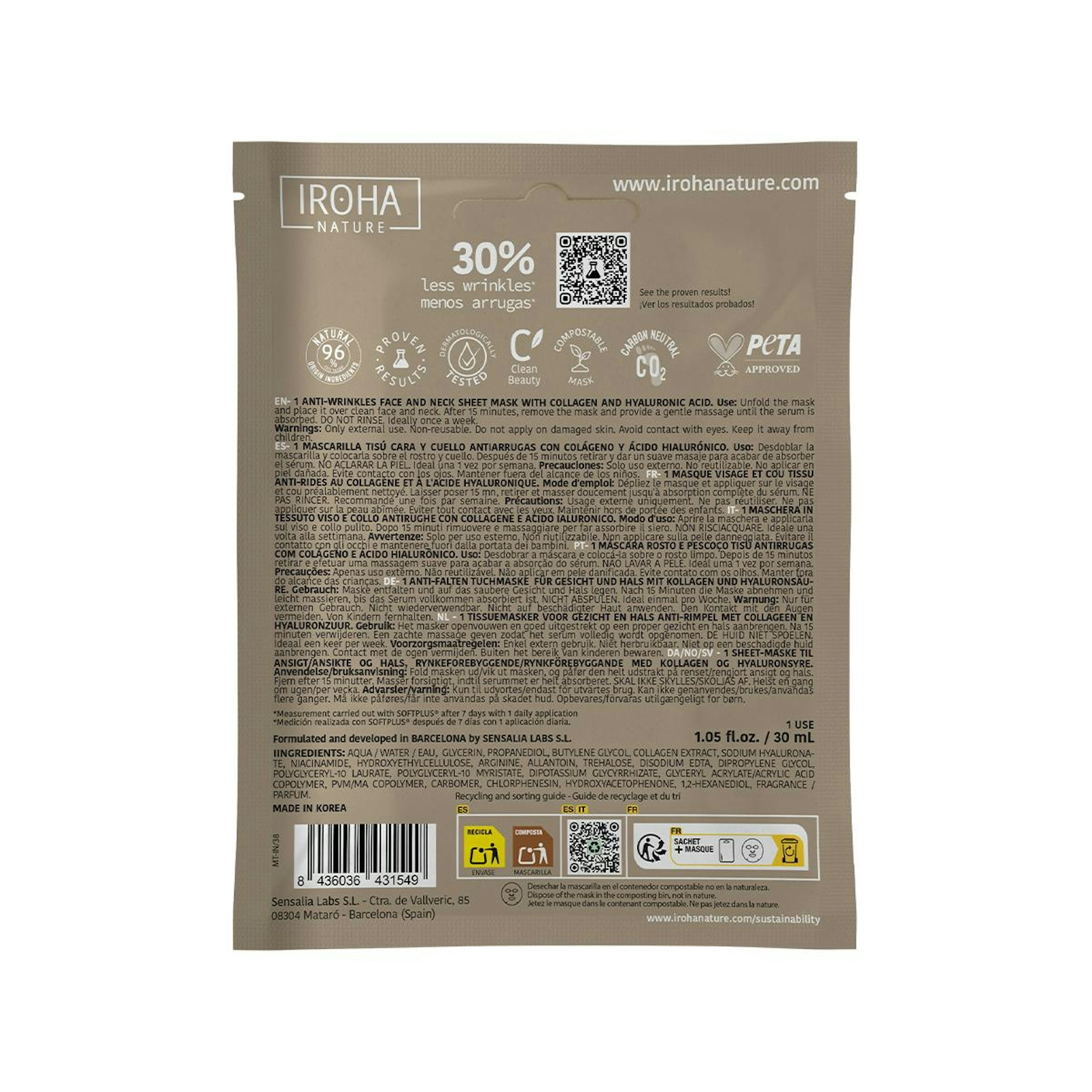 Máscara Anti-Rugas Colagénio E Ácido Hialurónico Iroha Nature