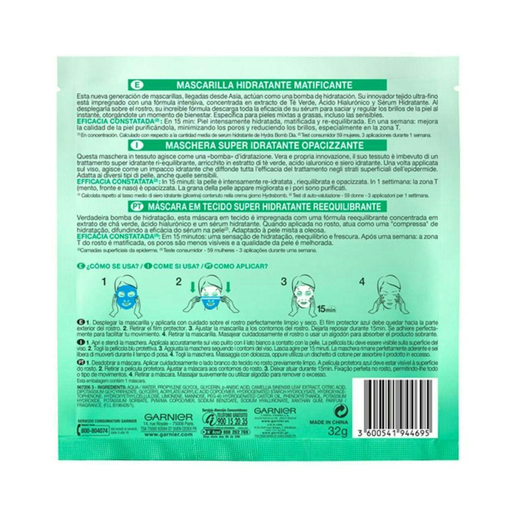Mascarilla Tissu Matificante Hydra Bomb Té Verde Garnier