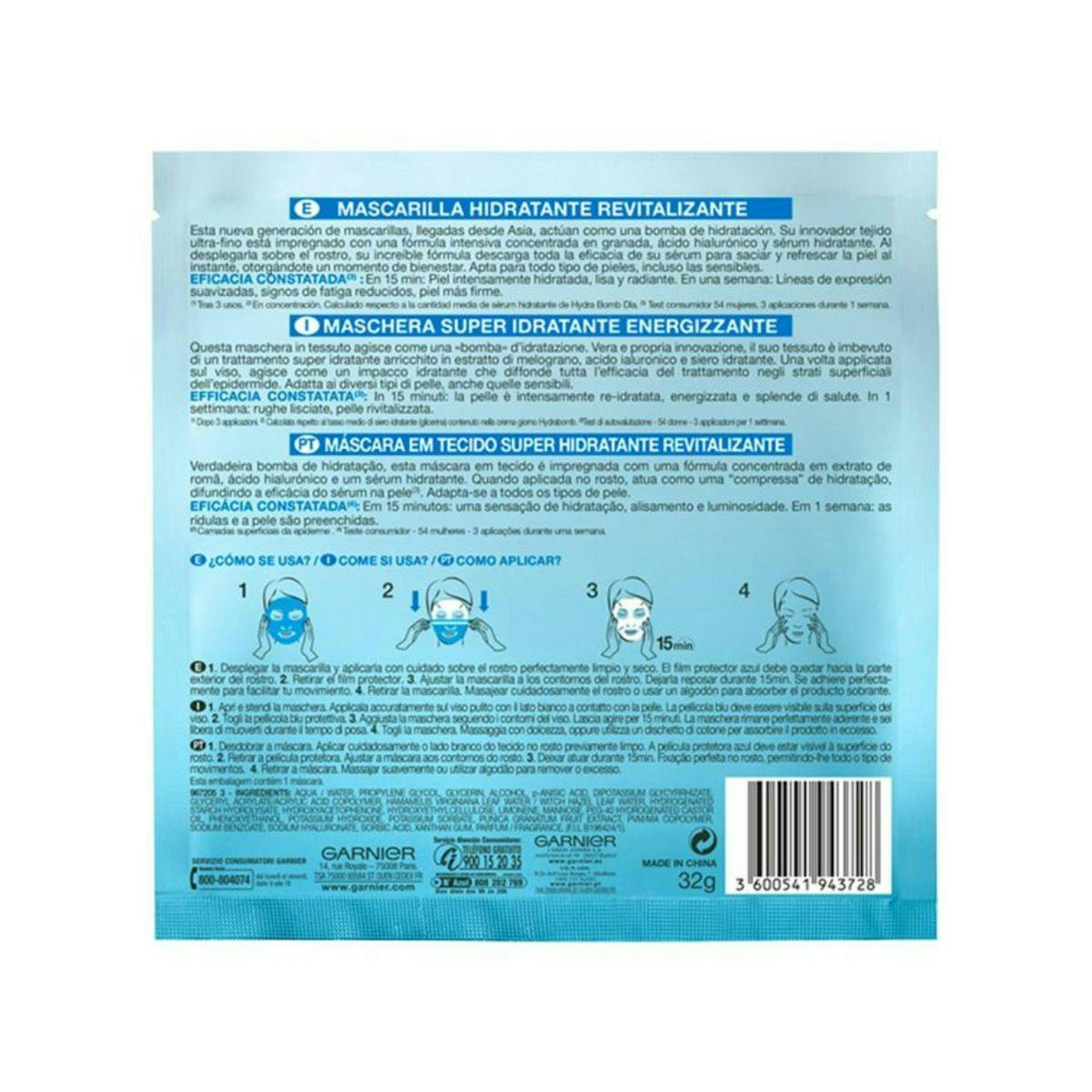 Mascarilla Tissu Revitalizante Hydra Bomb Granada Garnier