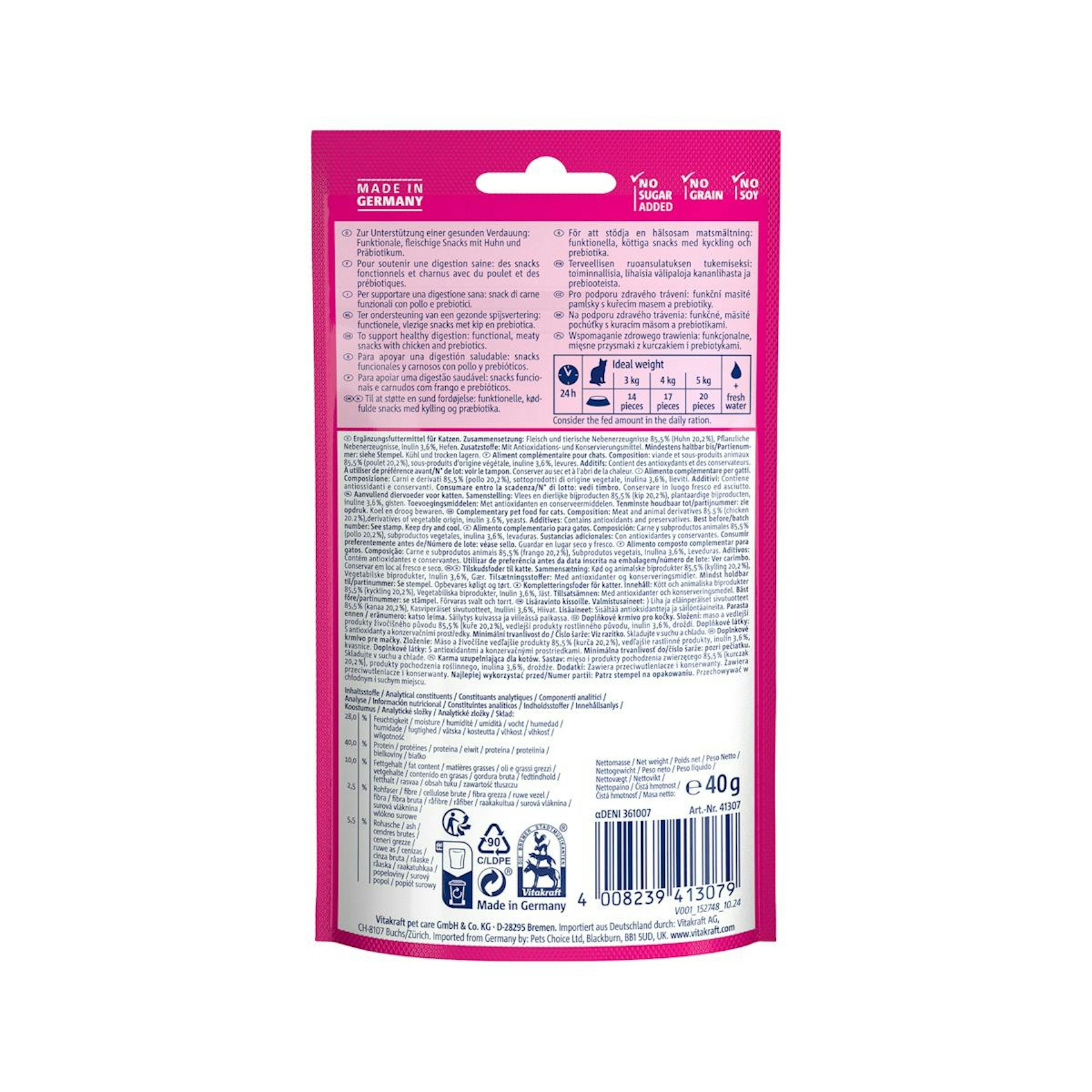 Snack Gatos Hearts Digestión Pollo Vitakraft 40 G