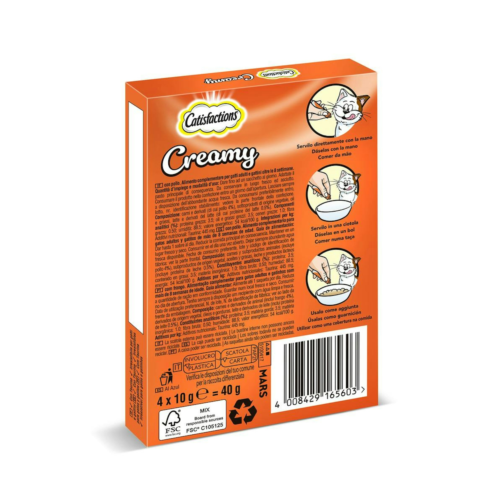 Snack Líquido Gatos Creamy Pollo Catisfactions Pack 4x10Gr