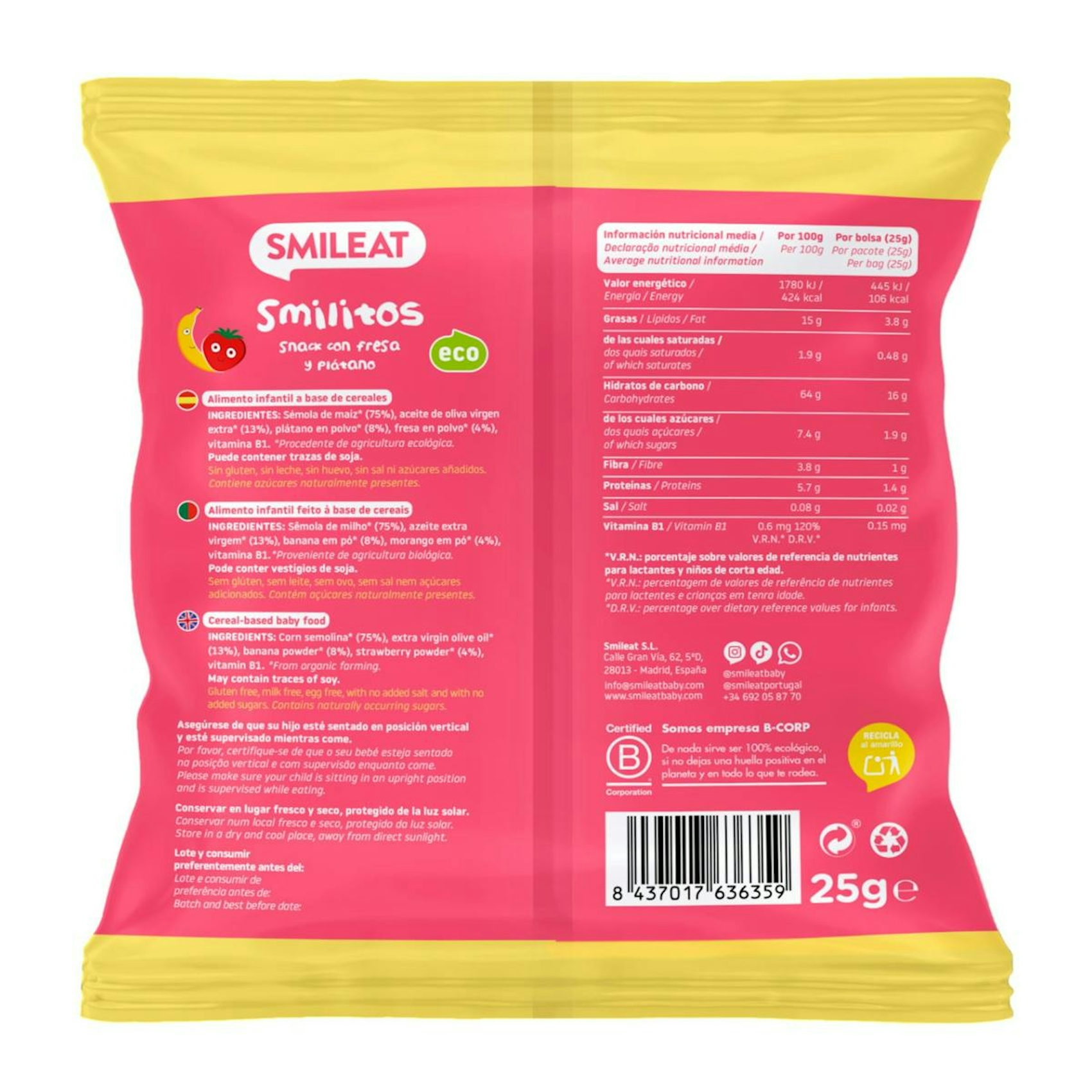 Snack Smilitos Fresa Y Plátano Smileat 25 G