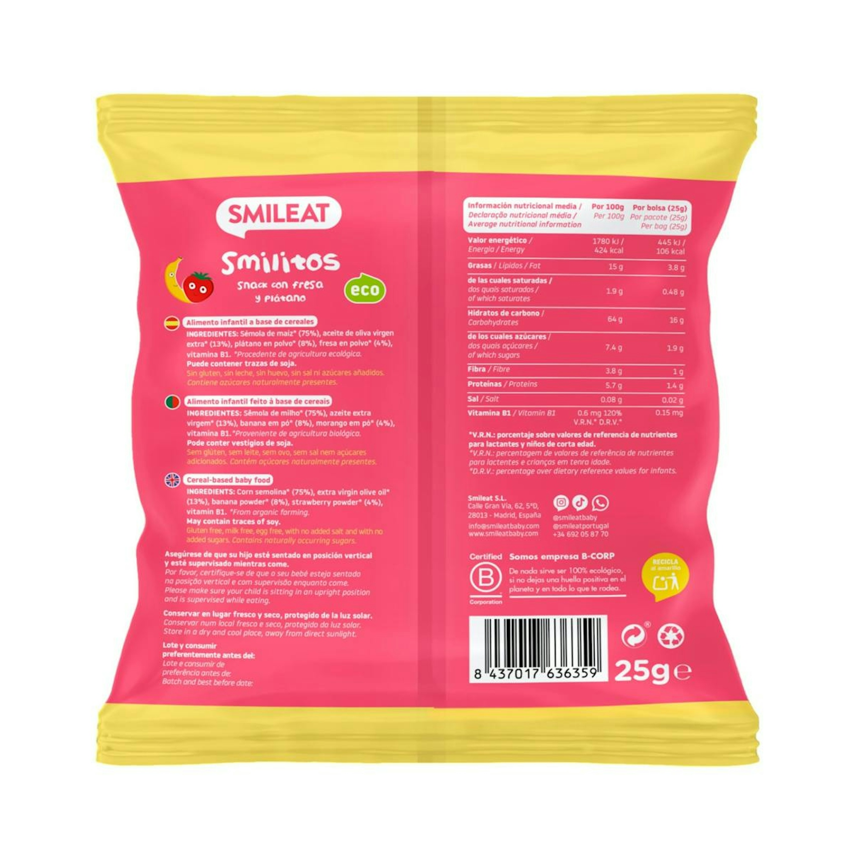 Snack Smilitos Fresa Y Plátano Smileat 25 G